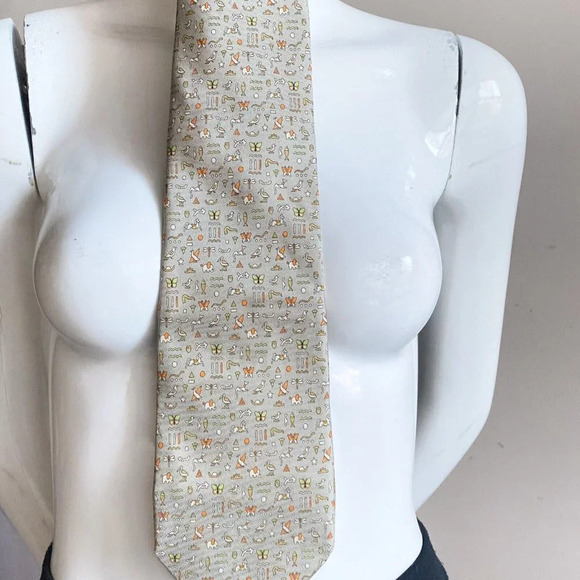 Salvatore Ferragamo Silk Beige  Egyptian Hieroglyphics Men's Necktie - Picture 3 of 9